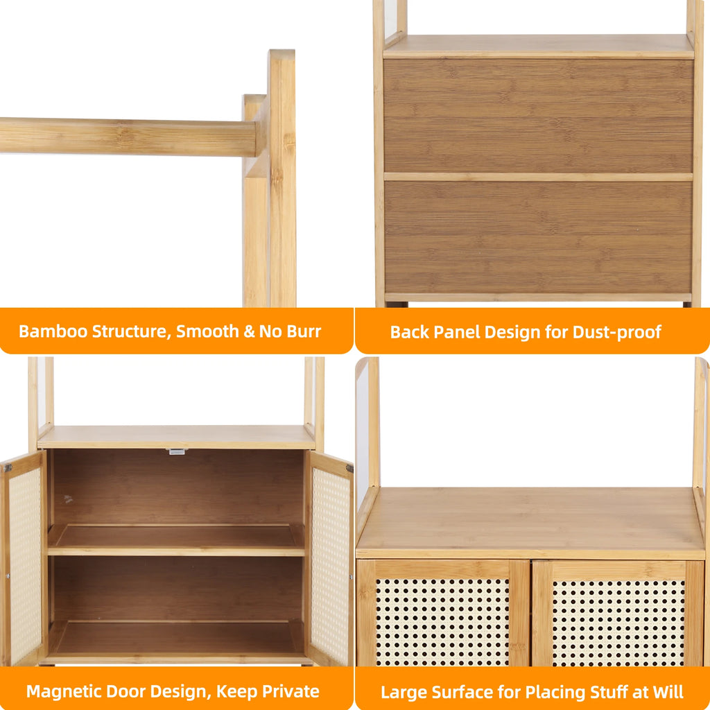 Bamboo Clothes Rack with Storage Cabinet Hanging Rail and Shelves Freestanding Wardrobe Organizer – Natural Wood