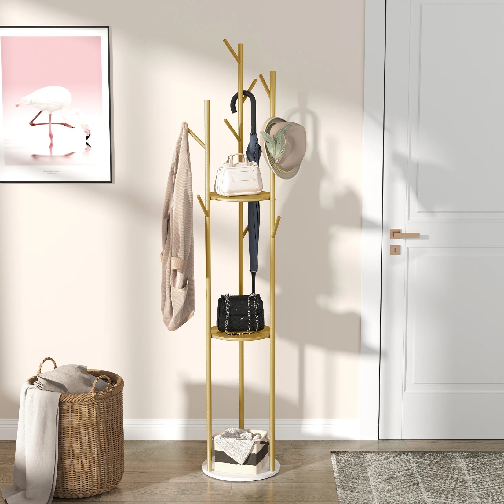 Coat Rack Stand with Shelves and 9 Hooks Freestanding Hall Tree - Gold