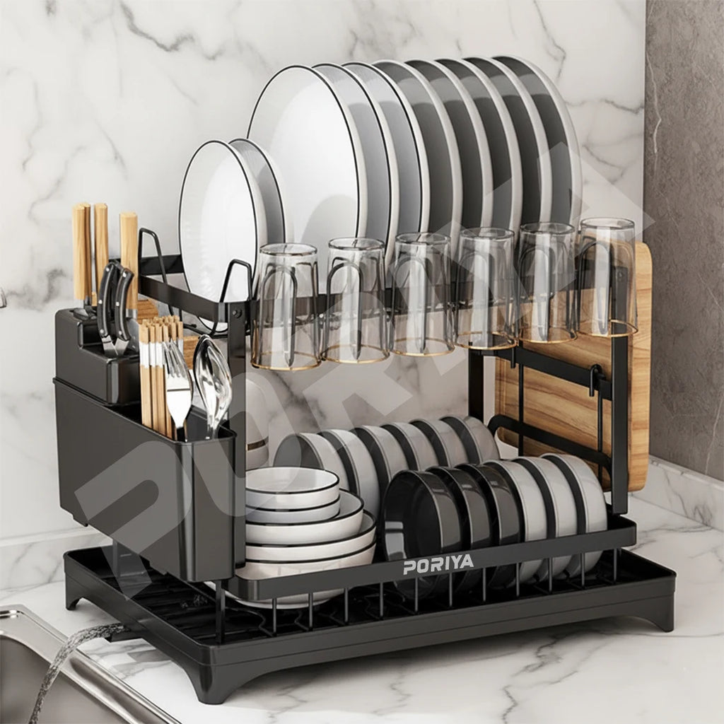 Dish Drying Rack 2 Tier Carbon Steel Dish Drainer with Auto Drain Spout Kitchen