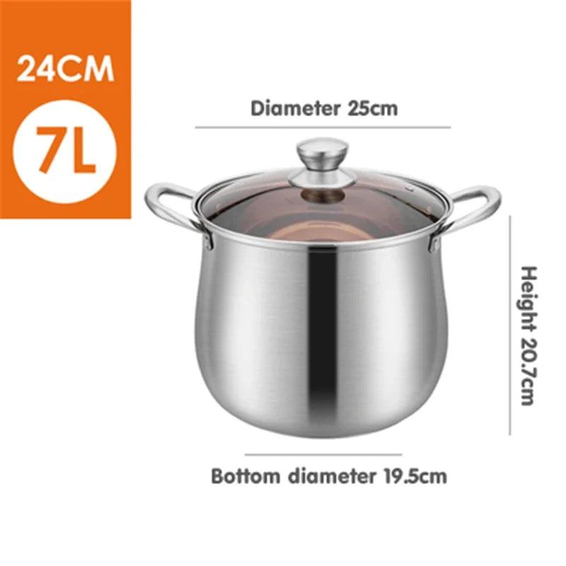 Soup Pot 24cm 7L Stainless Steel Deep Stock Cooking Pot with Glass Lid