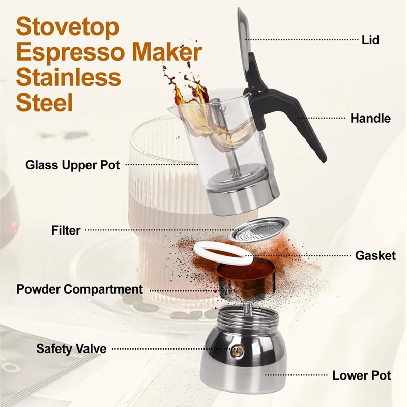 Coffee Maker 450mL 9 Cup Glass Stainless Steel Stovetop Espresso Brewer Transparent Extraction