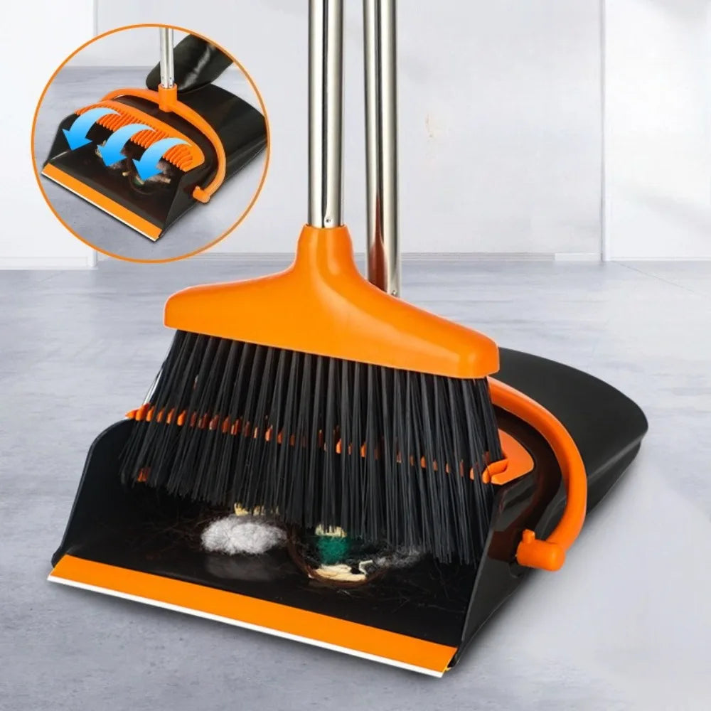 Broom and Dustpan Set Long Handle Upright Cleaning Combo Indoor Outdoor Use Orange