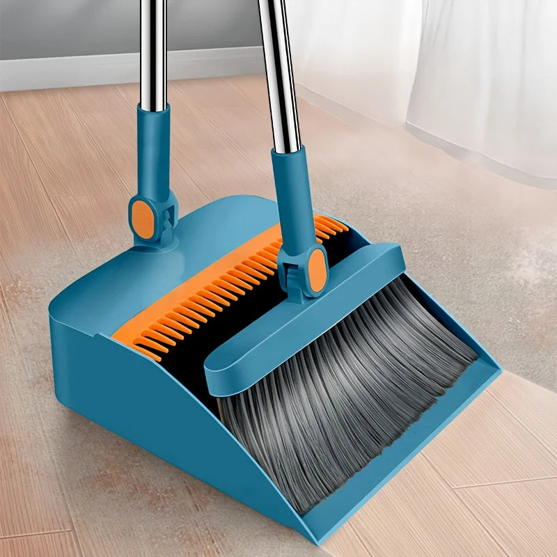 Broom and Dustpan Set 2 in 1 Long Handle Floor Cleaning Combo - Blue