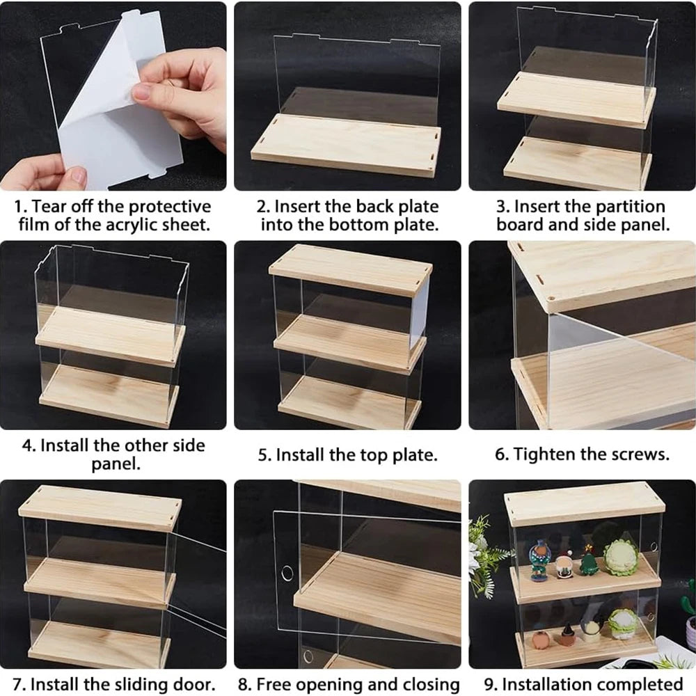Display Case Acrylic Showcase with Wood Base 2 Tier Figurine Storage Box