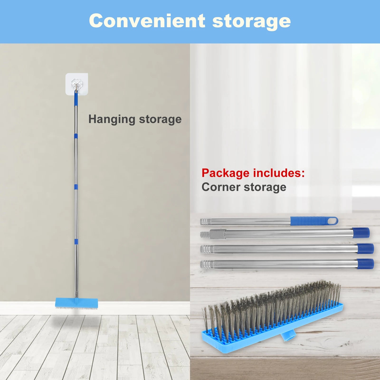 Deck Scrub Brush Long Handle Stainless Steel Wire Floor Cleaning Brush - Blue