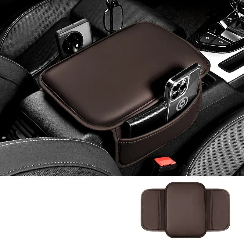 Armrest Cushion Adjustable PU Leather Centre Console Pad with Storage Pocket Elbow Support - Brown