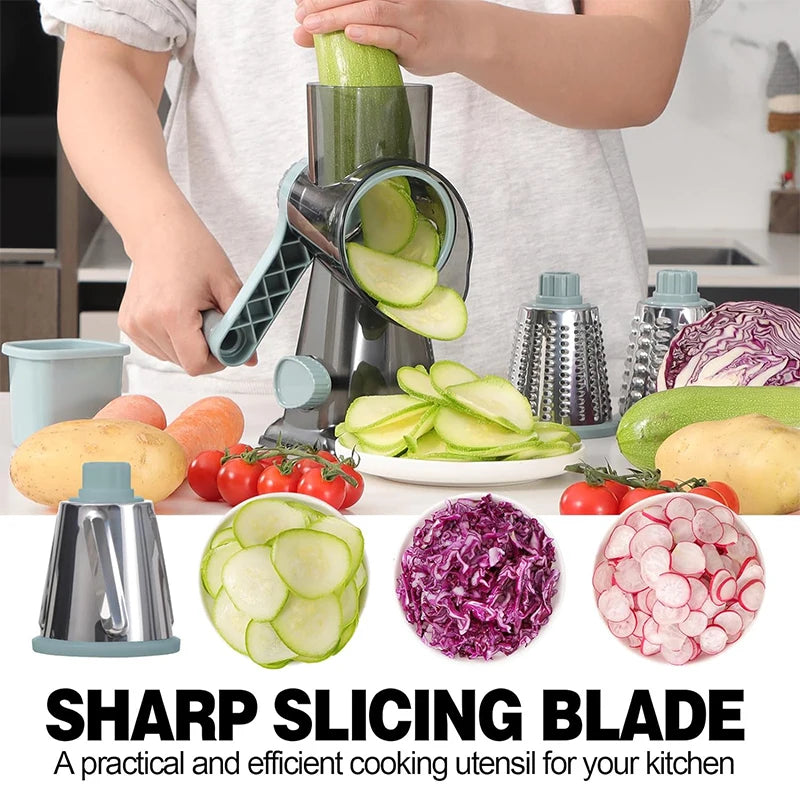 3-in-1 Rotary Cheese Grater with Manual Handle and Interchangeable Drums – Red