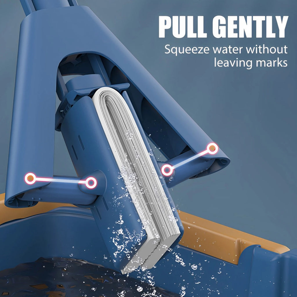 Foldable Self-Draining Sponge Mop with Telescopic Handle 96–128cm and 2 Replacement Heads - Blue