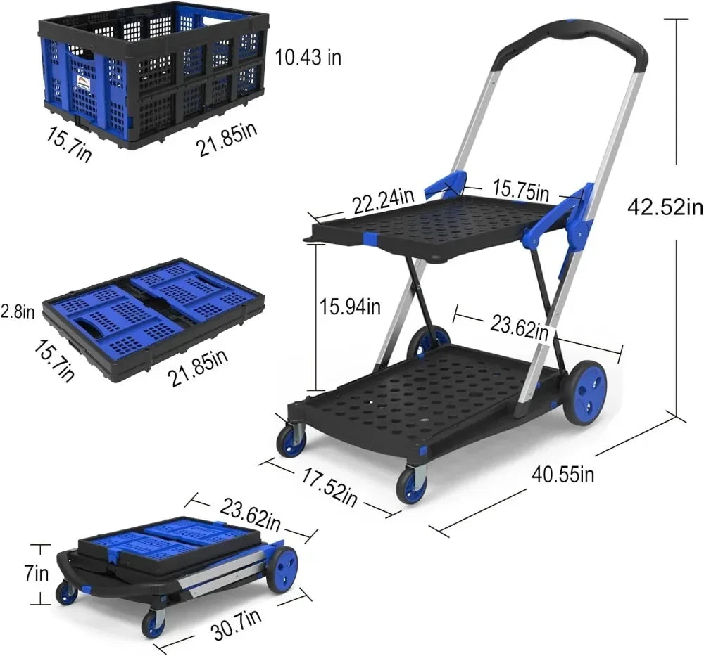 Shopping Cart Folding Utility Trolley with 2 Storage Crates and Wheels – Blue