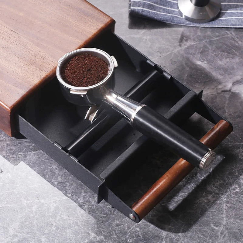 Espresso Knock Box Drawer Walnut Coffee Grounds Bin Stainless Steel - Black