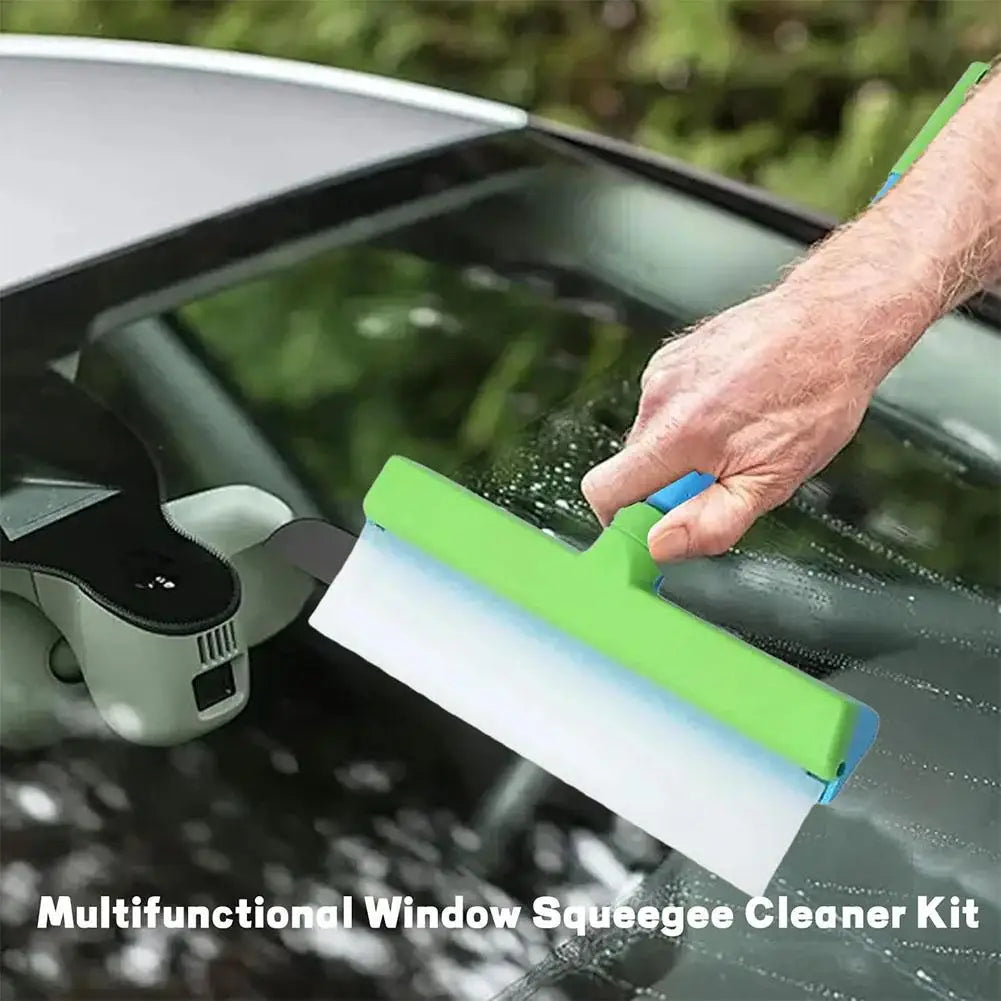 Window Squeegee Kit Reusable Silicone Cleaning Mop Streak Free Glass Wiper Tool - Blue