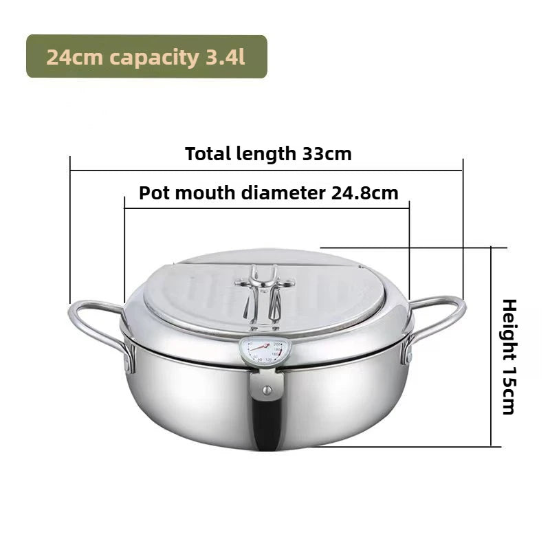 Deep Fryer 33 cm Stainless Steel Pot with Thermometer and Oil Draining Rack - Medium