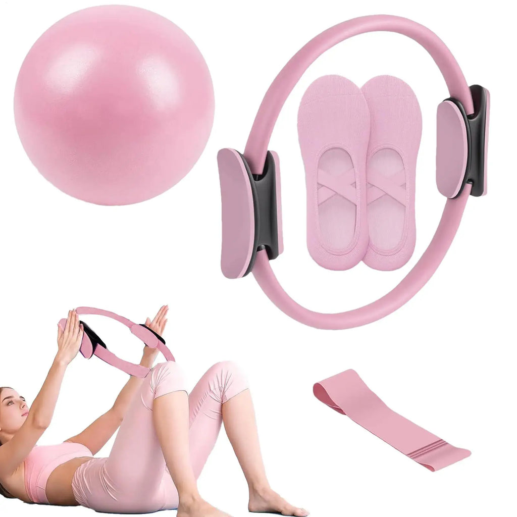 Pilates Ring and Ball Set Portable Resistance Training Kit with Band Home Fitness Equipment - Pink
