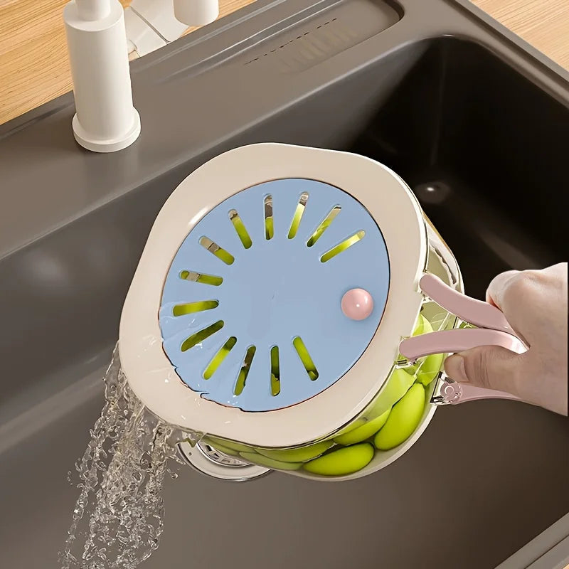 2 Layer Kitchen Colander and Fruit Strainer with Lid Multifunctional Vegetable Washing Bowl with Handle – Blue