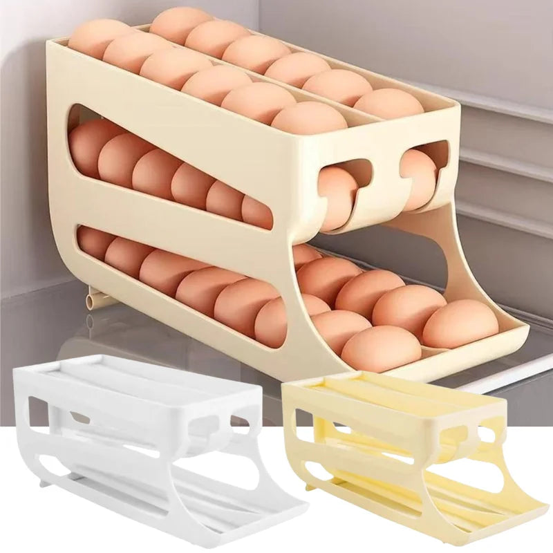 Rolling Egg Organiser 60 Egg Auto-Roll Multi-Tier Fridge Storage Rack - Yellow