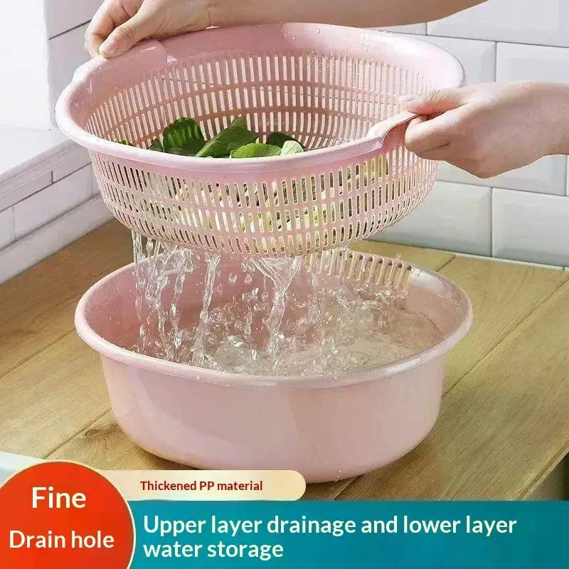 Double Layer Plastic Colander Set Thick Drain Basket Vegetable Fruit Washing Bowl - Blue