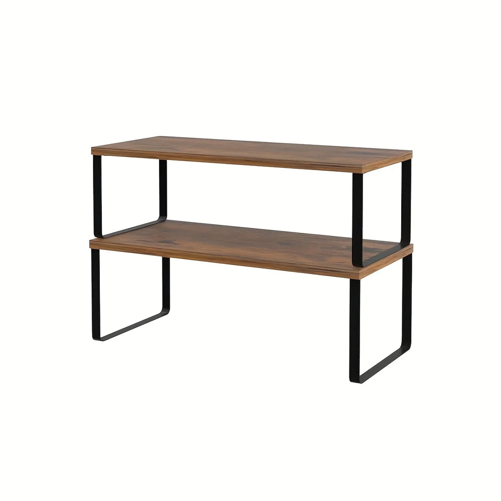 Portable Stackable Kitchen Counter Shelf Organizer Set of 2 Wooden Cabinet Storage Rack - Black