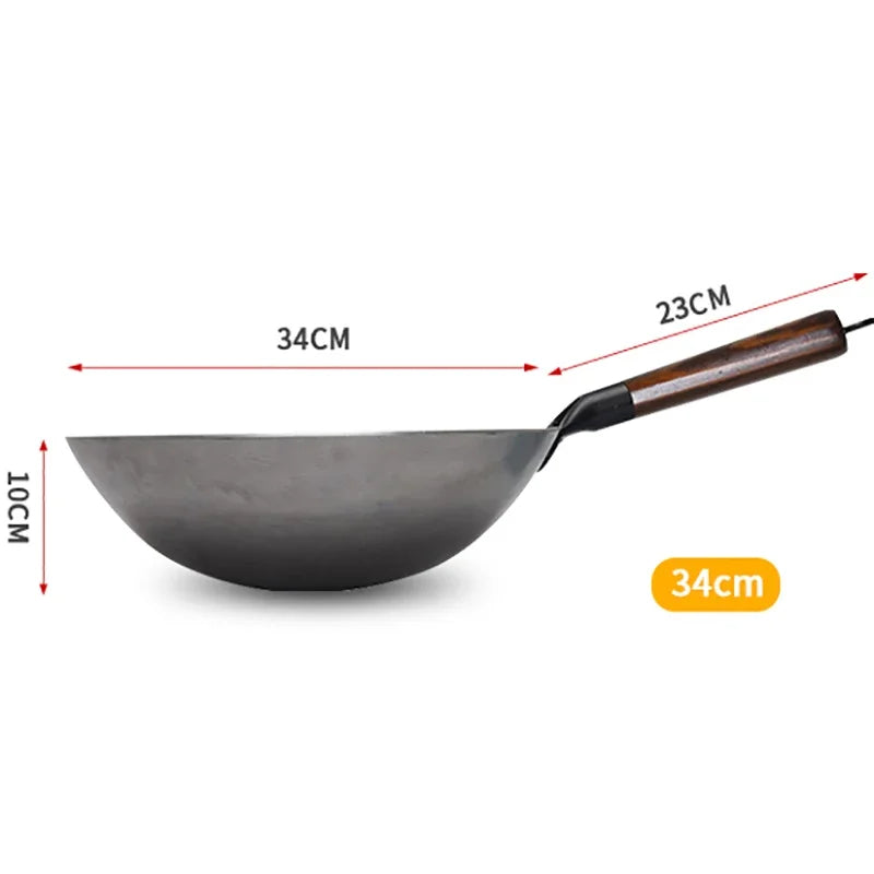 Hand Hammered Carbon Steel Wok 34cm Non-Coated Stir Fry Pan with Wooden Handle