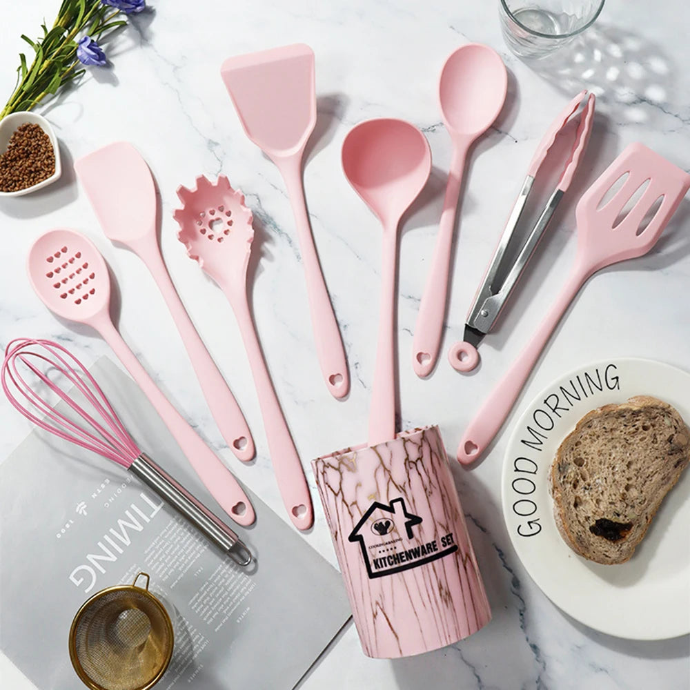 10-Piece Silicone Cooking Utensils Set with Storage Box – Pink