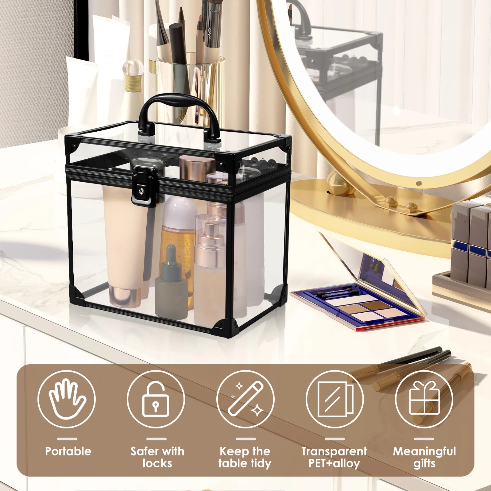Storage Box Portable Transparent Lockable Organizer 6L Large Capacity Cosmetic Case with Handle Black