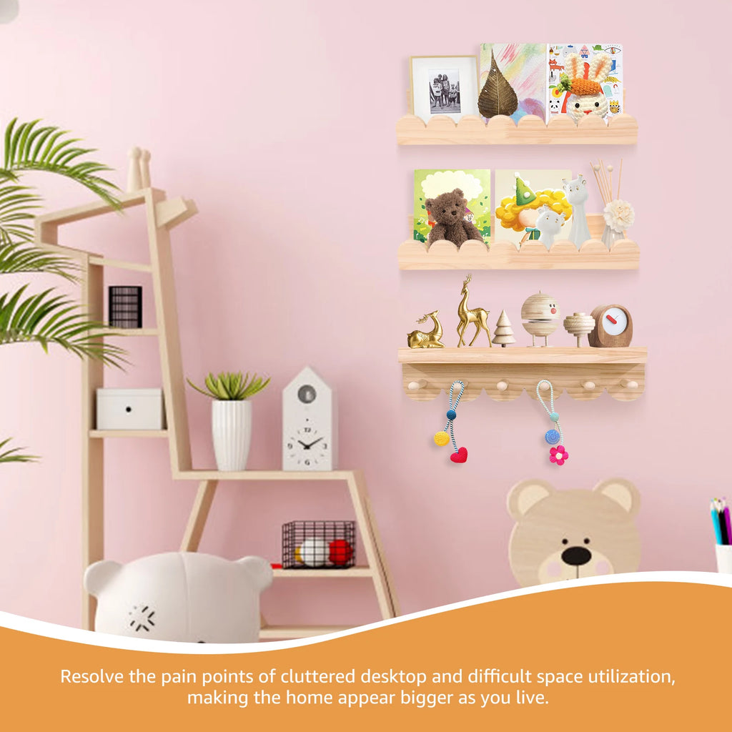 Wood Floating Wall Shelf Set with Scalloped Edge and Hooks – 3 Pieces