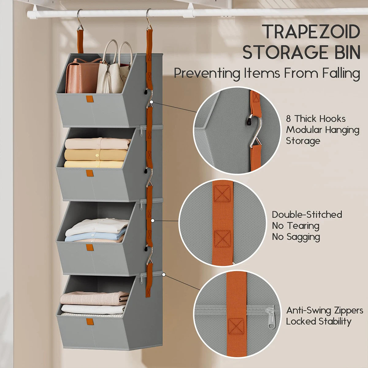Foldable 4 Tier Hanging Closet Organizer Non-Woven Fabric Storage Shelves for Wardrobe – Beige