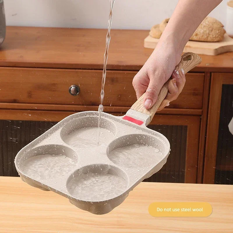 Omelet Pan 4 Hole Non Stick Frying Pan with Glass Lid for Gas and Induction Cooking - White