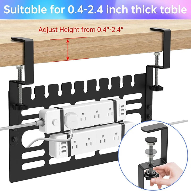 Under Desk Cable Management Tray Clamp-On Wire Organizer with Cable Clips for Office and Gaming Desk – Black