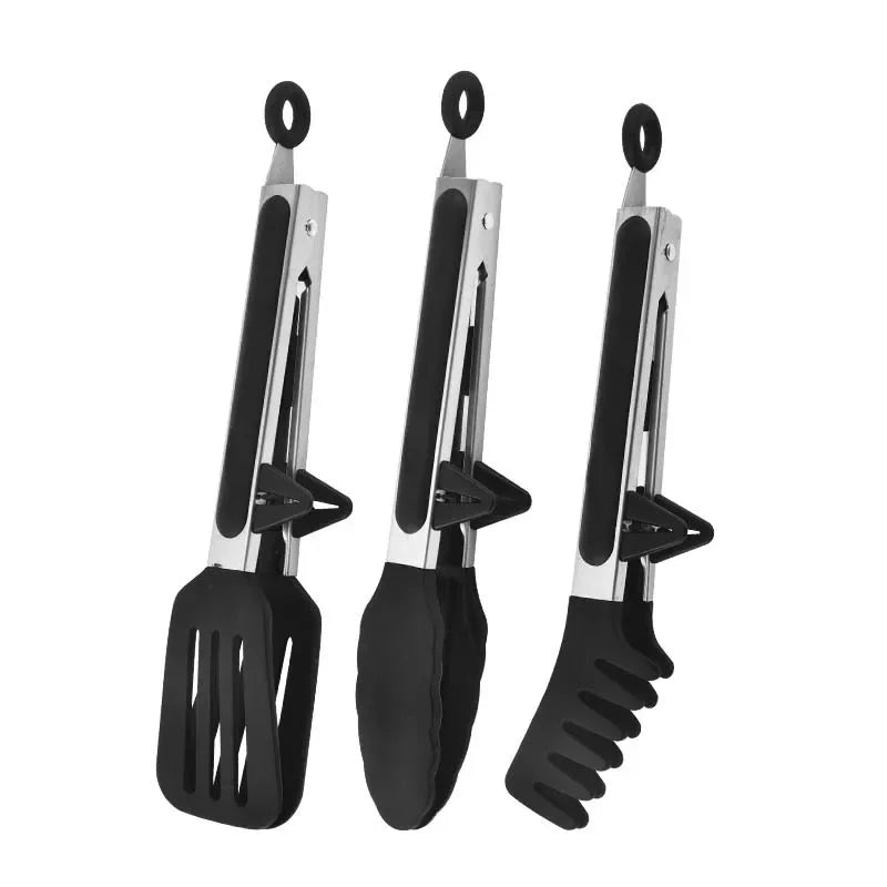 Food Tongs Stainless Steel Silicone Nylon Non Slip Cooking Serving BBQ Salad Clip - Black