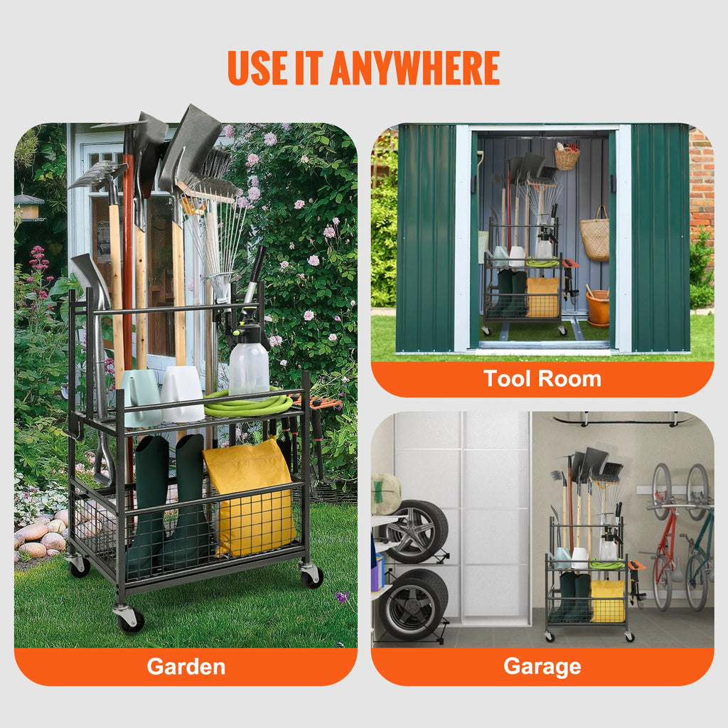 Garden Tool Organizer Rack with Wheels Steel Garage Storage -16 Slot