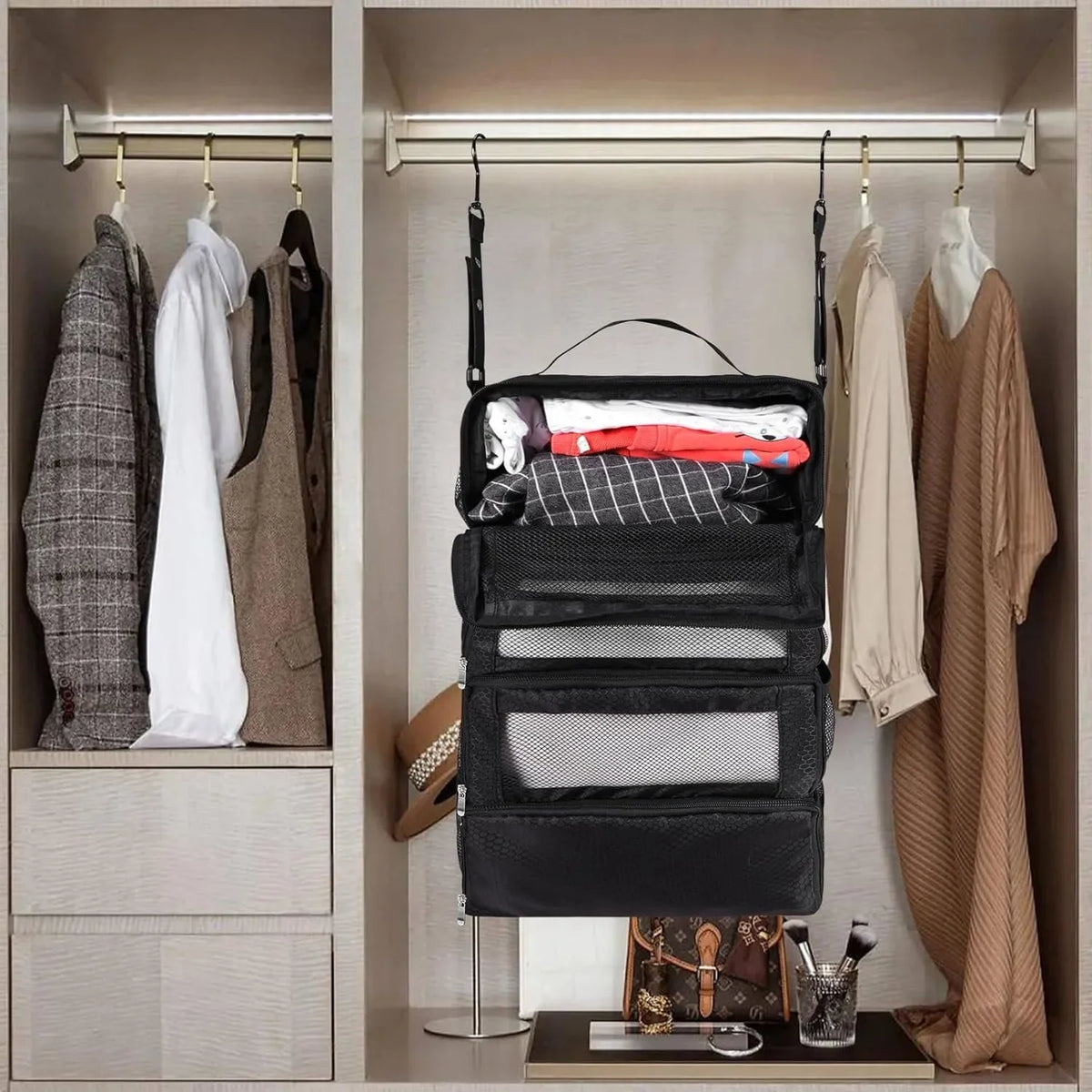 Hanging Suitcase Organizer 19.8in High Capacity Travel Luggage Storage Bag - Black