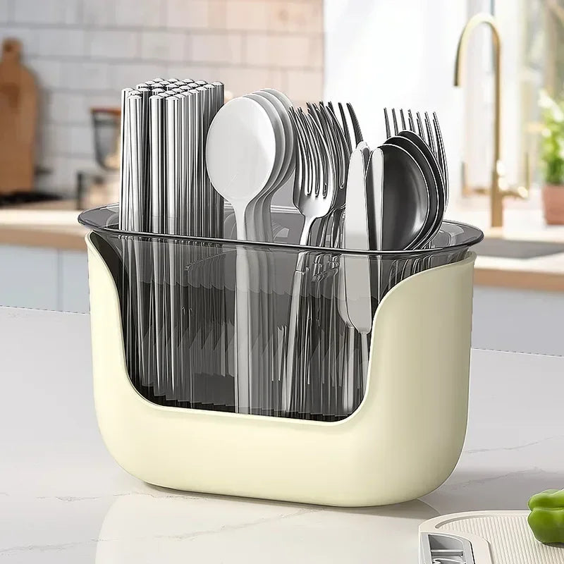 3-Compartment Cutlery Holder Plastic Chopstick Storage Basket With Drain Tray – Yellow
