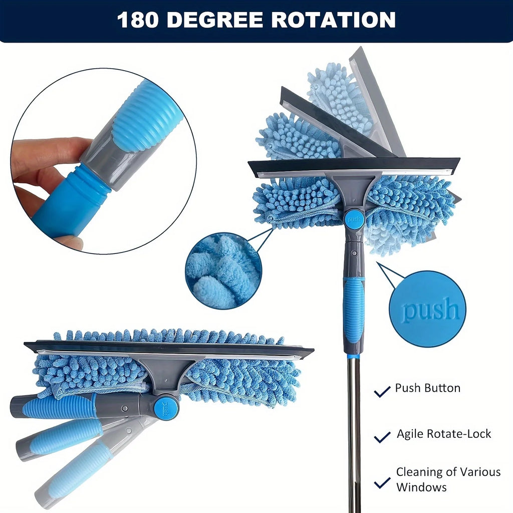 Window Cleaning Kit 2 in 1 Squeegee Microfiber Cleaner with 430cm Extension Pole Blue