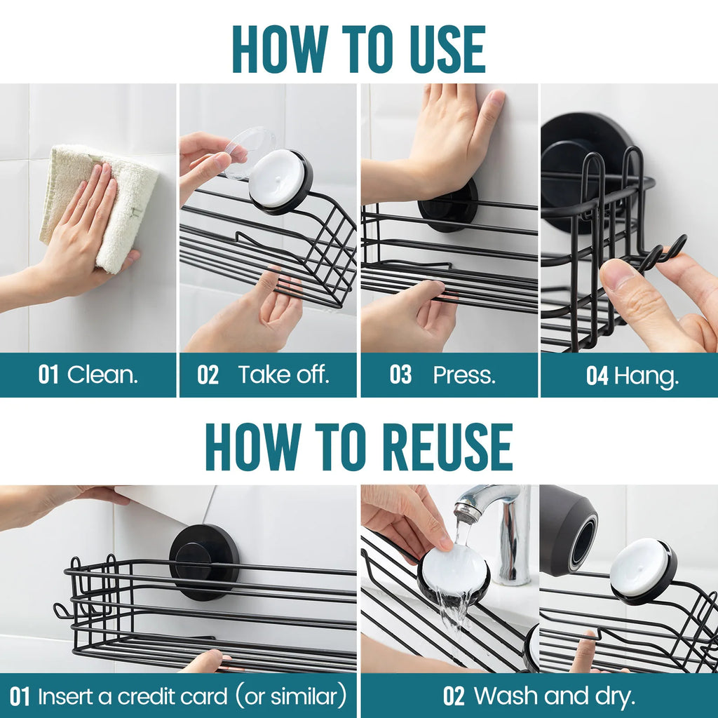 Portable Heavy Duty Suction Cup Shower Shelf Organizer 2 Pack Stainless Steel Bathroom Storage Rack