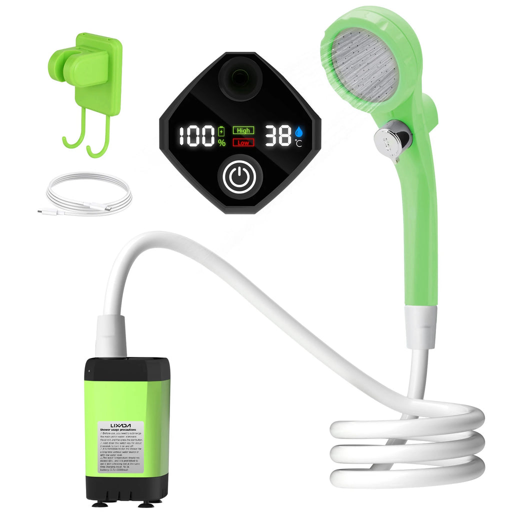 Camping Shower Pump 6000mAh Portable Outdoor Shower Kit with Digital Display - Green