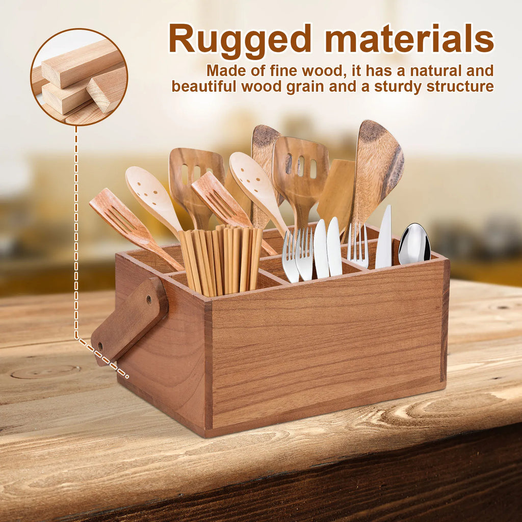 Wooden Utensil Holder 4 Compartments 23 cm Kitchen Storage Caddy with Carry Handle