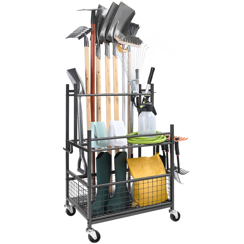 Garden Tool Organizer Rack with Wheels Steel Garage Storage -16 Slot
