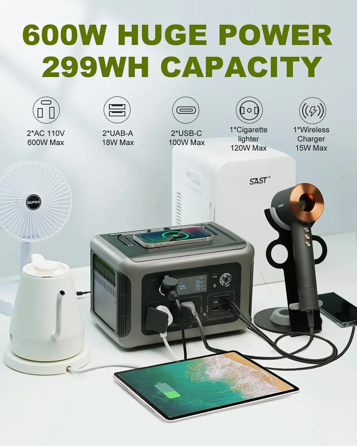 Portable Power Station 299Wh LiFePO4 Battery Backup with 600W Pure Sine Wave Inverter and UPS Function