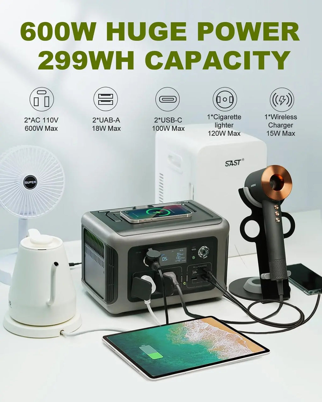 Portable Power Station 299Wh LiFePO4 Battery with 100W Flexible Solar Panel and 600W Pure Sine Wave Inverter