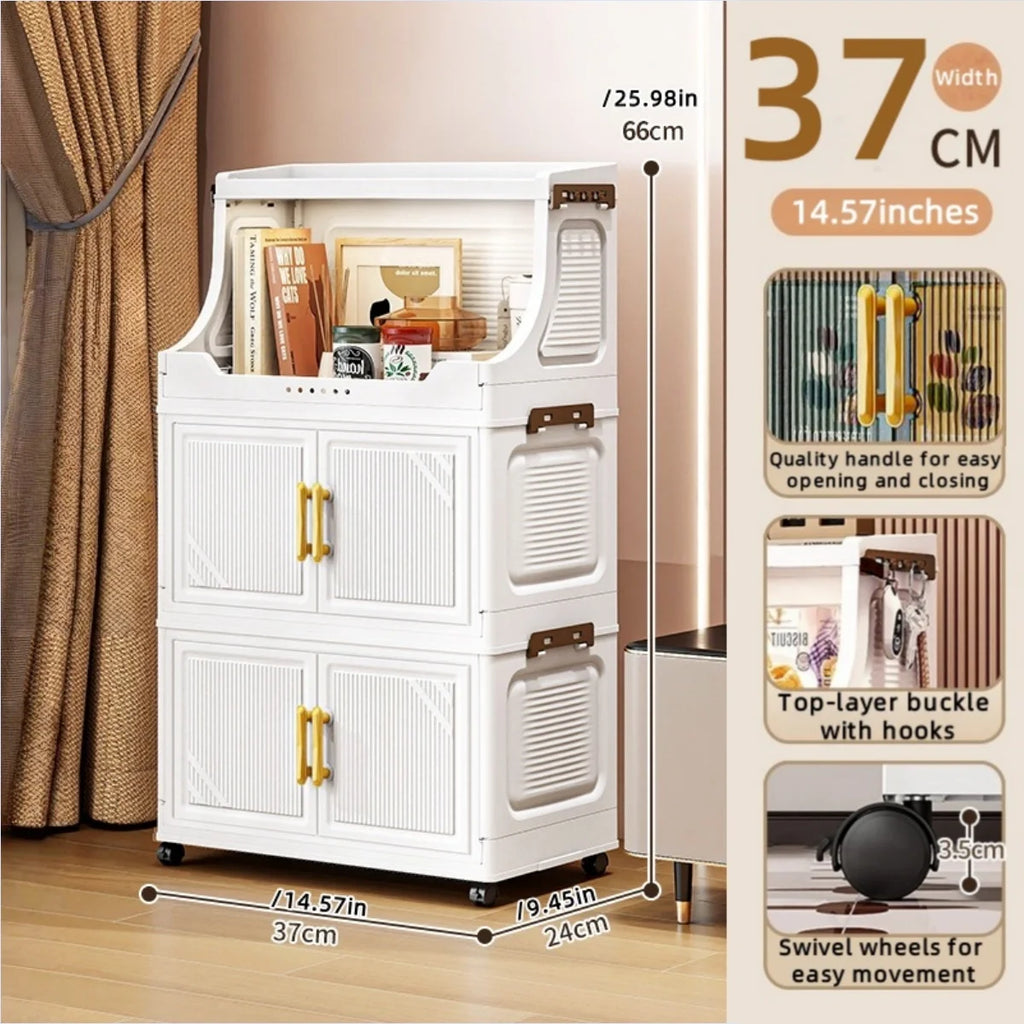 Storage Cabinet Foldable Double Door Organizer  Large Capacity Mobile Storage Box - 3 Tier