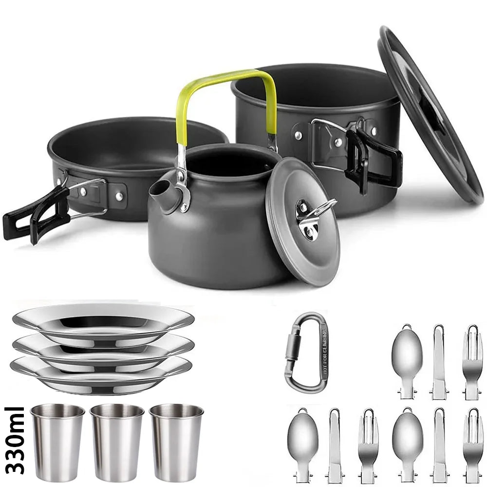 Camping Cookware Set 1-3 Person Non Stick Pots Pan Kettle Kit - 3 Stainless Steel Tableware 330 ML