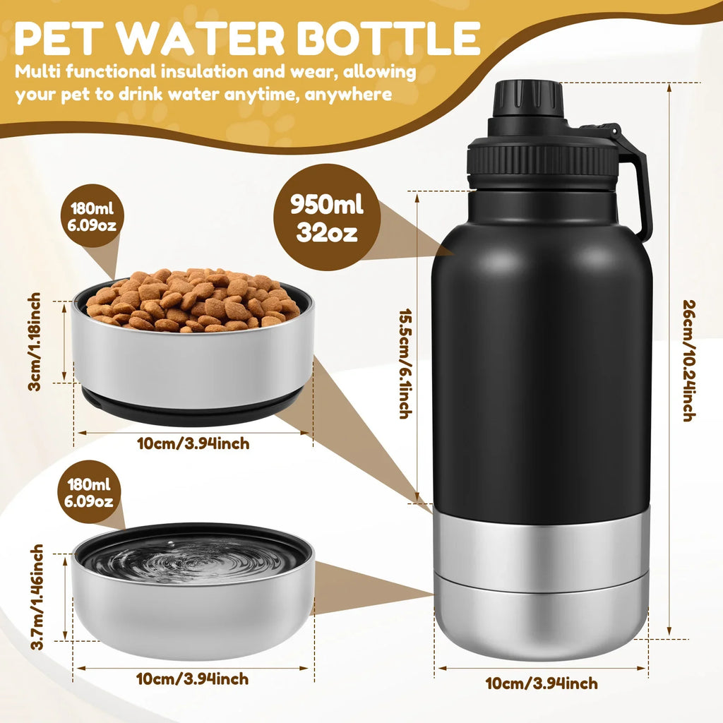 Dog Water Bottle 946 mL Stainless Steel Travel Dispenser with 2 Bowls - Black