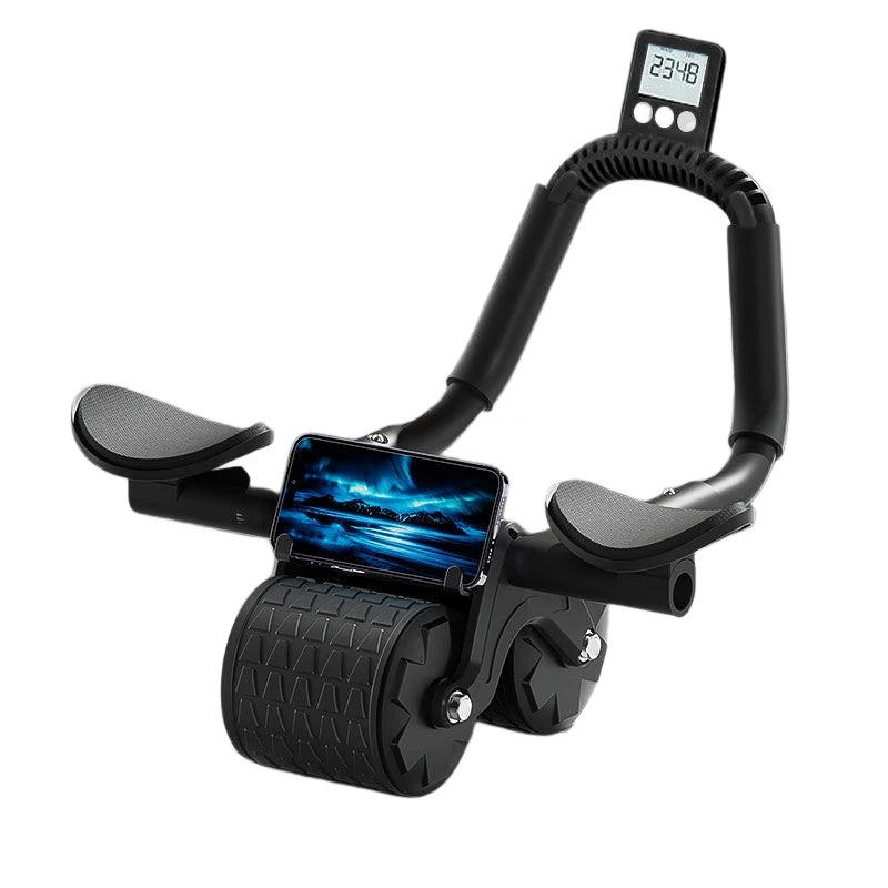 Abdominal Roller Wheel Automatic Rebound Double Wheel Core Trainer with Counter Display - Black