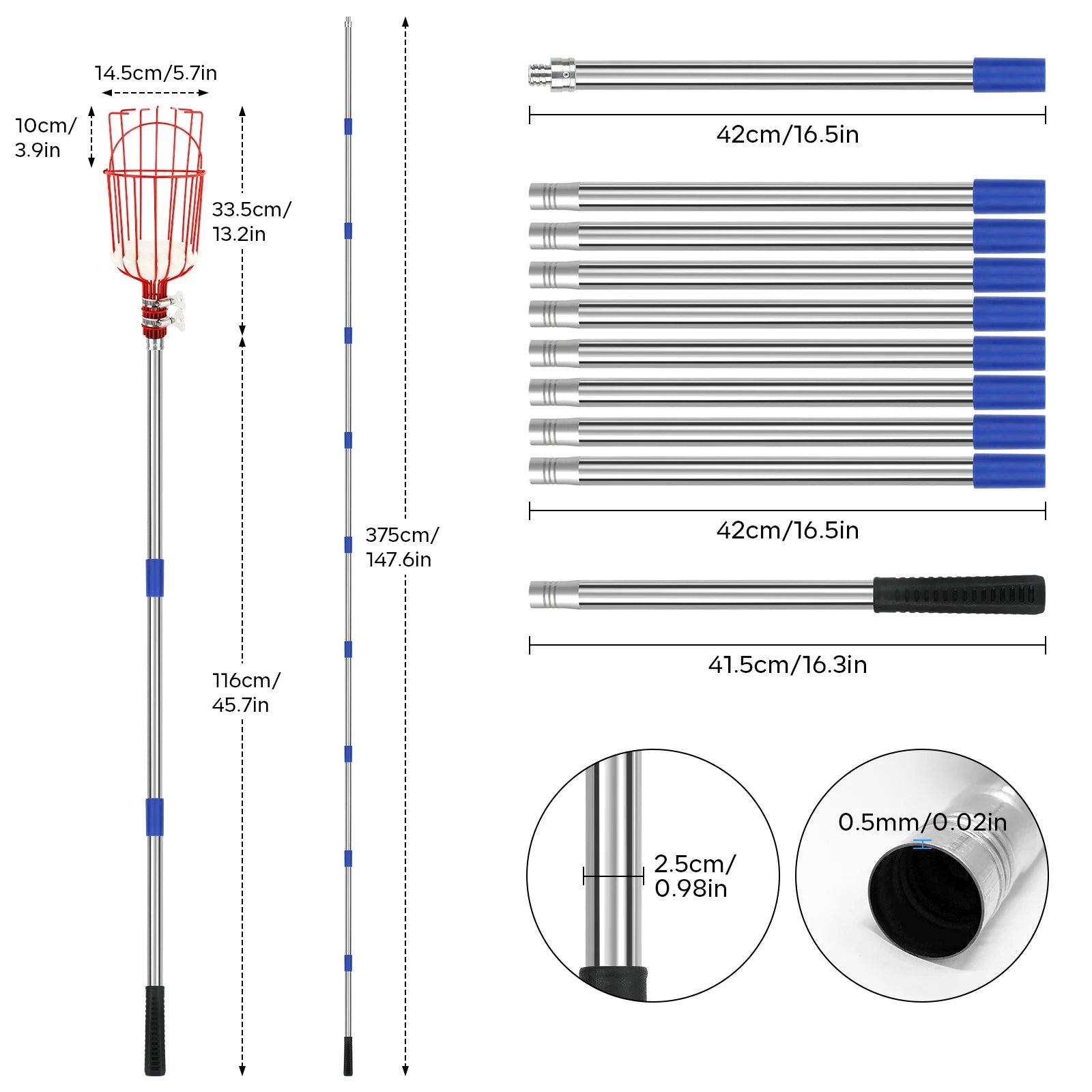 13 FT Adjustable Fruit Picker Pole with Basket – Lightweight Tree Harvester