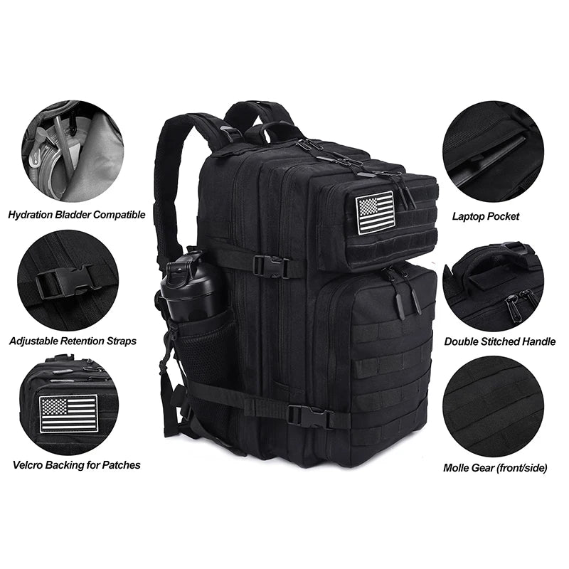 Meal Prep Backpack 45L Insulated Tactical Gym Travel Bag - Black