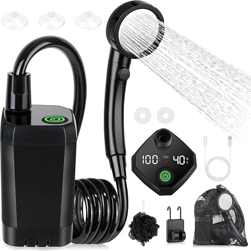 Portable Rechargeable Camping Shower 6000mAh with LED Display and Adjustable Shower Head
