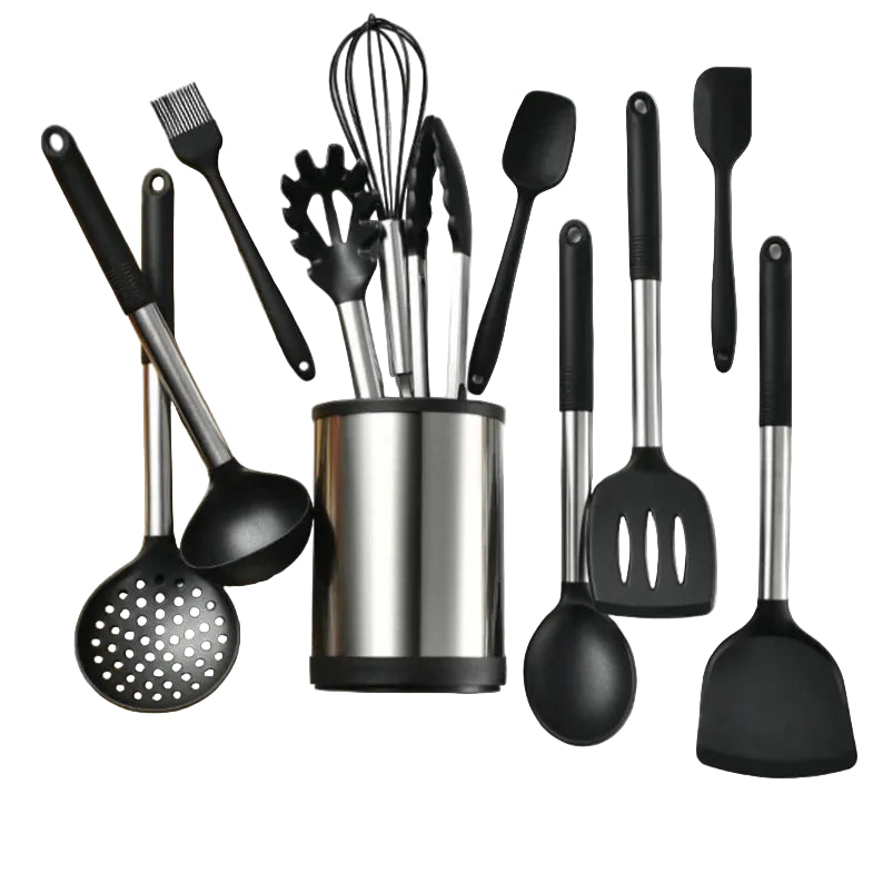 12PCS 360° Rotating Silicone Kitchen Utensil Set – Non-Toxic Cooking & Baking Tools – Heat Resistant with Rotating Base - Khaki