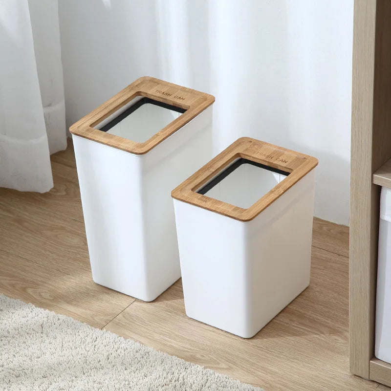 9L Countertop Waste Bin with Wooden Lid Tissue Holder Kitchen Bathroom Storage Bin