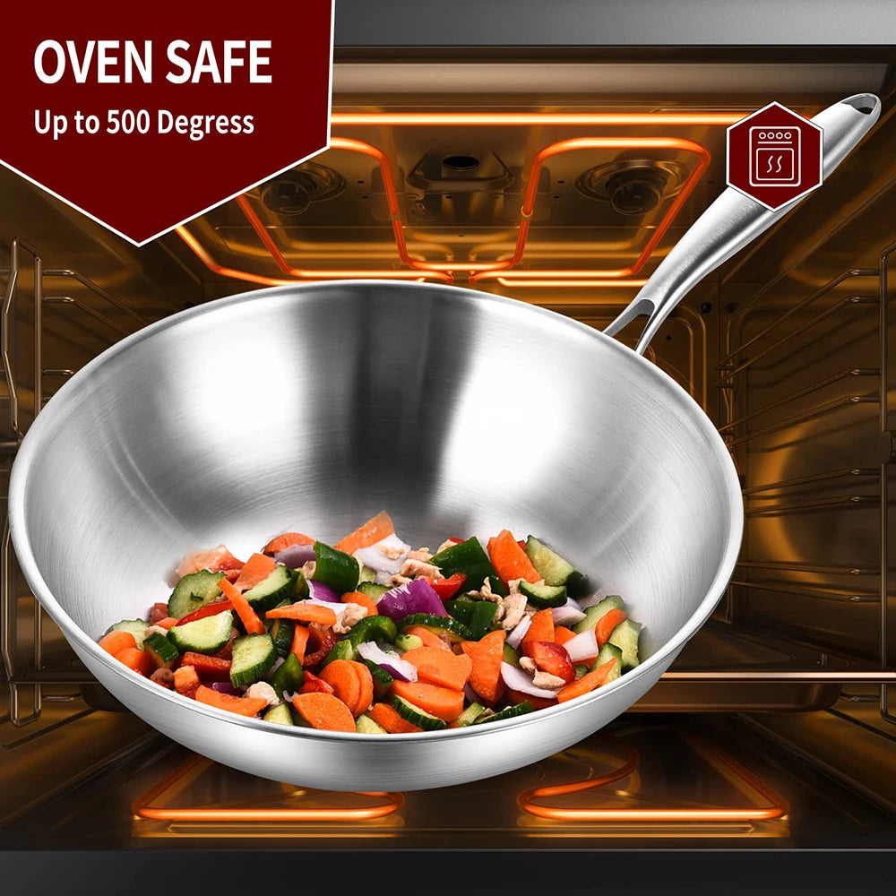 Wok 32cm Tri-Ply Stainless Steel Stir Fry Cooking Pan Glass Lid