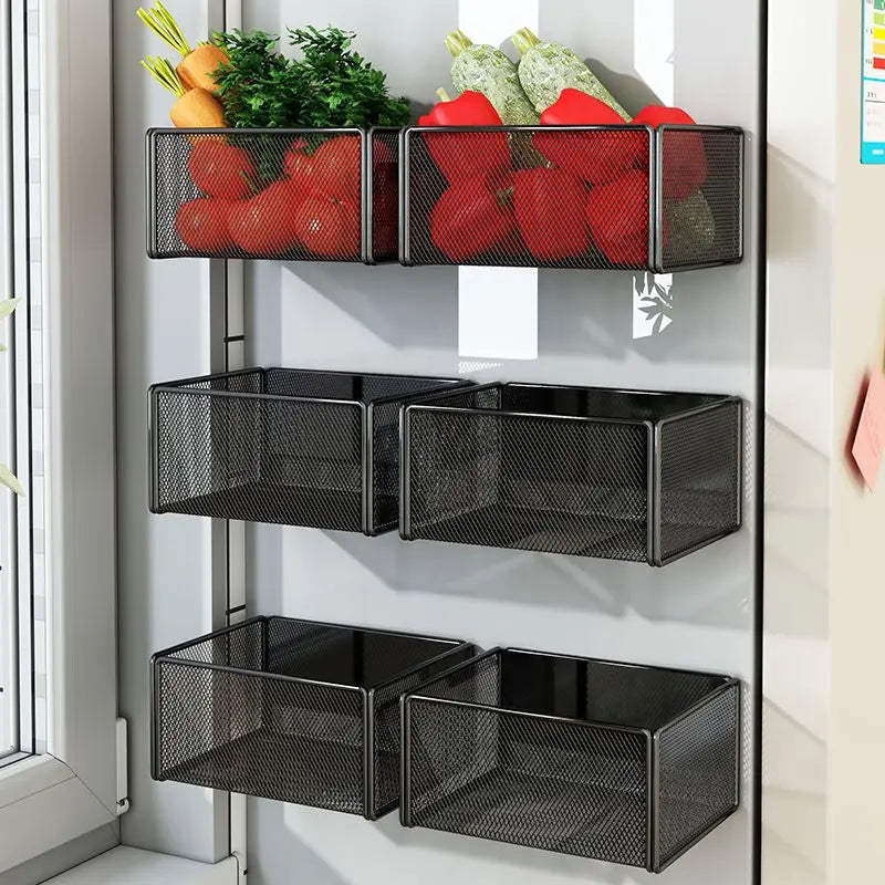 Storage Hanging Basket Steel Kitchen Shelf Organiser for Refrigerator Side Wall Mount Rack - White